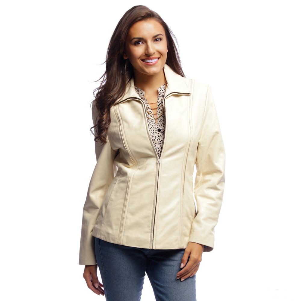Genuine Lambskin Leather Jacket Zip Front Ivory Color Women Lambskin